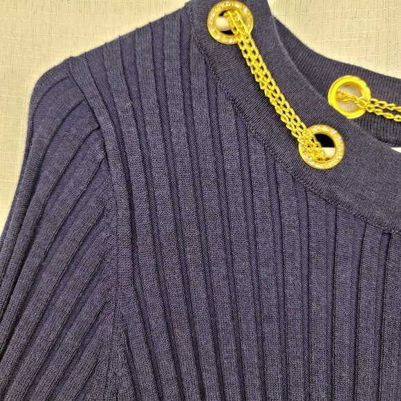 Belldini Ribbed Navy Sweater Gold Chain Rhinestone Detail XL Cotton Viscose - Picture 3 of 10